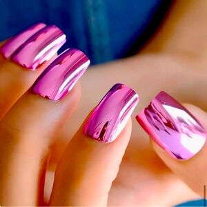 Pink Metallic Nail Decals - Short, Square, Chrome Finish 24 pcs